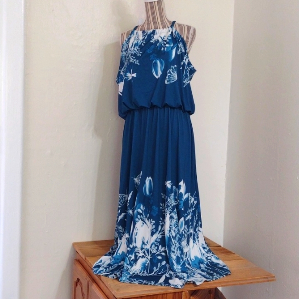 Lily by Firmiana Teal Butterfly Print Halter Style Maxi Dress Size 3xL